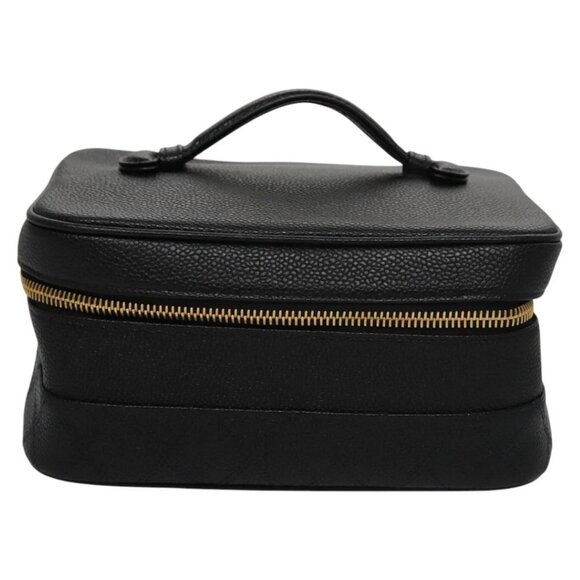 CHANEL Bicolore Vanity Cosmetic Pouch Grained Calf Skin Black Gold CC Auth - Picture 1 of 15